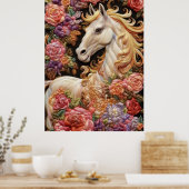 Poster Cheval blanc et broderie 3D Rose (Cuisine)