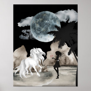 Poster Cheval blanc et fille avec coeur Pleine lune plage