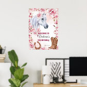 Poster Cheval blanc fleurs roses cofille anniversaire bie (Bureau à domicile)