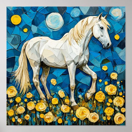 Poster Cheval blanc Mosaïque Fantaisie florale bleue Art (Devant)