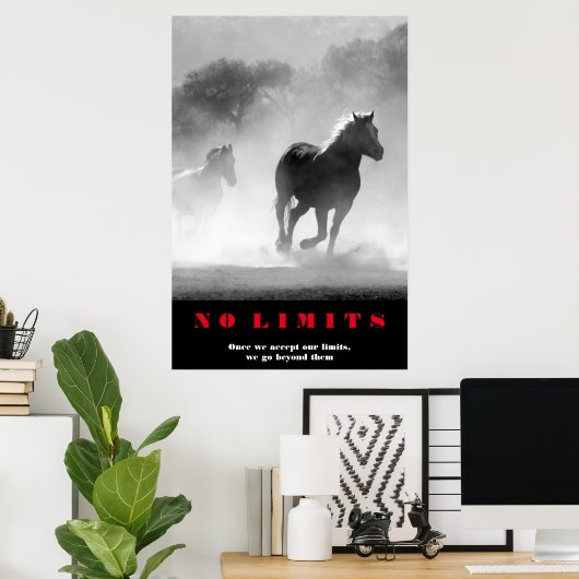 Poster Cheval Blanc Noir Motivation Sans Limites Oeuvre (Bureau à domicile)