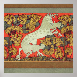 Poster CHEVAL BLANC RAMPANT, ARBRES EN BOIS Art Nouveau