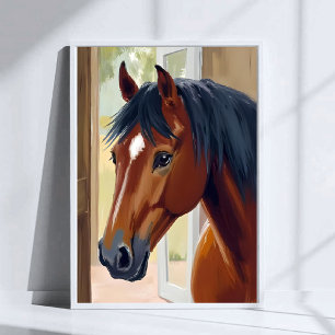 Poster Cheval Brun Aquarelle Animal Pays Grange
