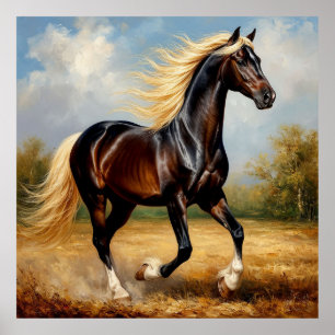 Poster Cheval brun courant dans un coucher de soleil pitt