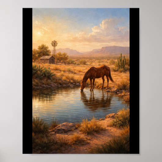 Poster Cheval buvant à un petit étang (Devant)