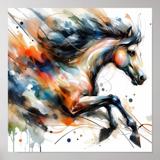 Poster Cheval courant à l'aquarelle abstraite (Devant)