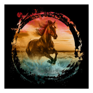 POSTER CHEVAL COURANT DANS PAYSAGE MARIN AU BORD DE MER