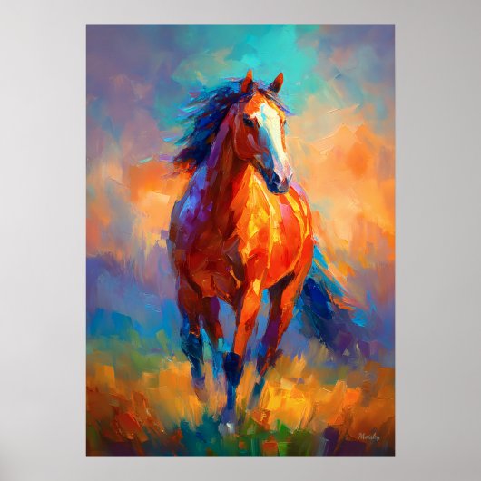 Poster Cheval courant impressionniste Animal coloré (Devant)
