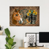 Poster Cheval Cowboy Boots Wagon Wheels Sunflowers Wester (Bureau à domicile)