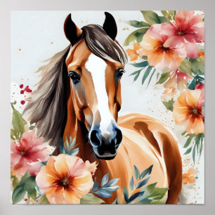 Poster Cheval d'aquarelle entouré de fleurs