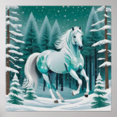 Poster Cheval d'argent vert dans la forêt enchantée (Devant)
