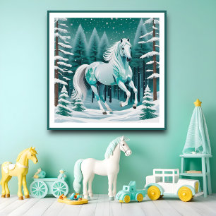 Poster Cheval d'argent vert dans la forêt enchantée
