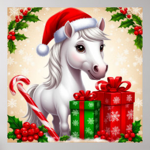 Poster Cheval de dessin animé Chapeau de Père Noël Cadeau
