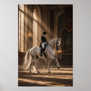 Poster Cheval de dressage blanc et cavalier dans un grand