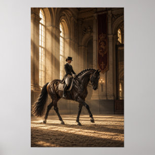 Poster Cheval de dressage noir et cavalier dans un grand