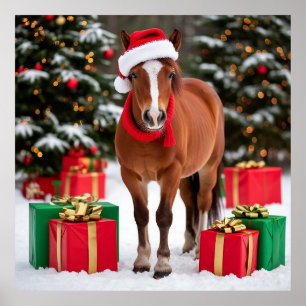Poster Cheval de fête avec chapeau de Père Noël