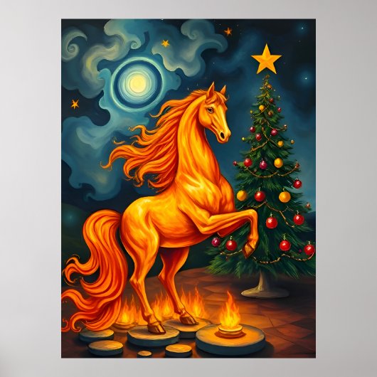 Poster Cheval de la Fiery Rouge à l'arbre de Noël & Lune (Devant)