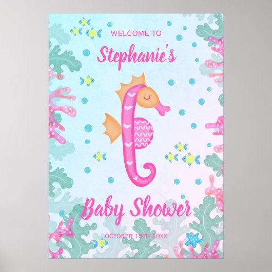 Poster Cheval De Mer Sous Le Baby shower Bleu De Mer (Devant)