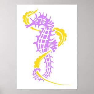 Poster Cheval de mer violet, jaune et algues