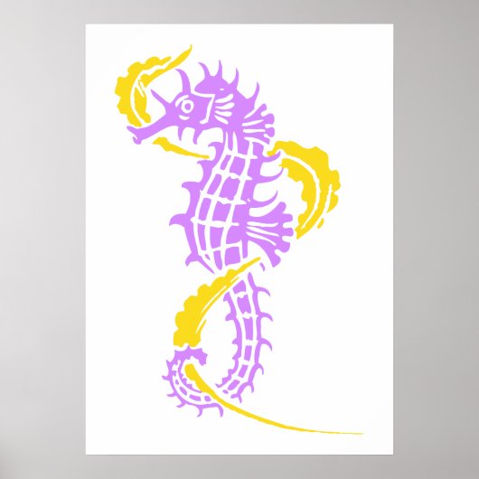 Poster Cheval de mer violet, jaune et algues (Devant)