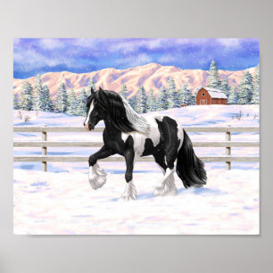 Poster Cheval de trait Gypsy Vanner Piebalde Pinto Noir