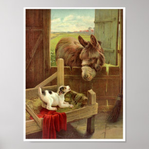 Poster Cheval de vintage Chien dans la grange à la ferme