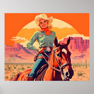 Poster Cheval d'équitation vintage Cowgirl