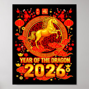 Poster Cheval doré Nouvel An chinois 2026 Dragon Zodiaque