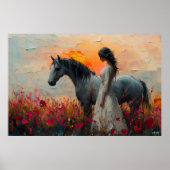 Poster Cheval Enchantant et femme dans un coucher de sole (Devant)