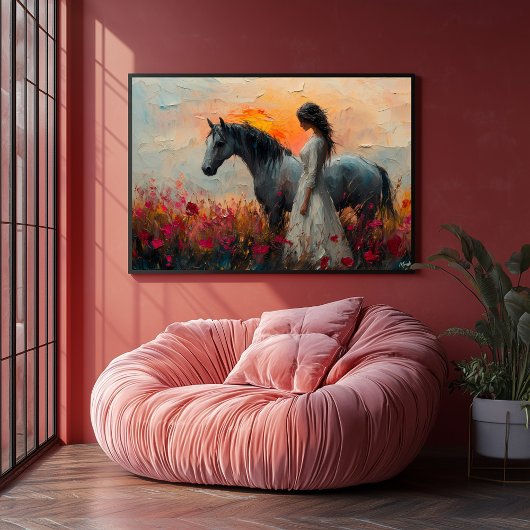 Poster Cheval Enchantant et femme dans un coucher de sole