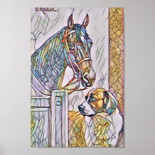 Poster Cheval et chien classique peinture / tache de verr