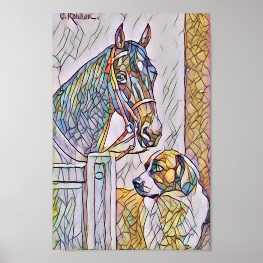 Poster Cheval et chien classique peinture / tache de verr (Devant)