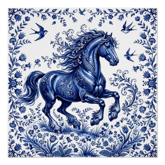 Poster Cheval frison de style Delft Delftware dans un pré (Devant)