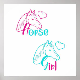 Poster Cheval Girl en rose et turquoise