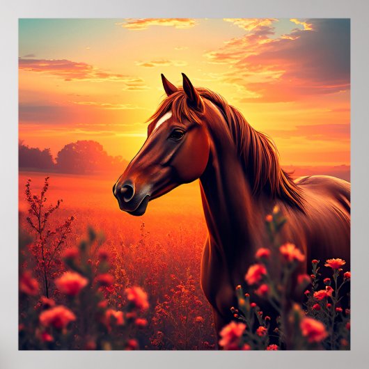 Poster Cheval gracieux debout dans une prairie vibrante a (Devant)