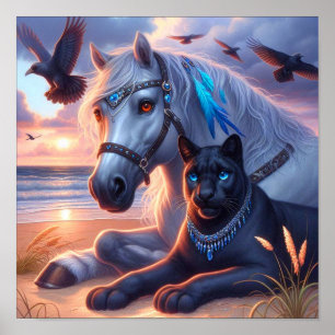 Poster Cheval gris Panthère noire
