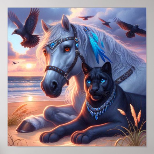 Poster Cheval gris Panthère noire (Devant)