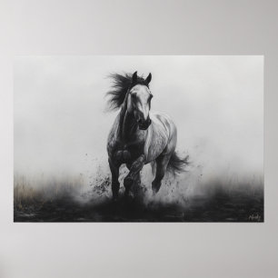 Poster Cheval Impressionnant au Galop en Noir et Blanc