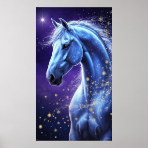Poster Cheval Magique Bleu Sous un Ciel Nocturne Étoilé