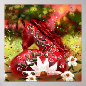 Poster Cheval marguerrier Art Abstrait Rouge Blanc Vert F (Devant)