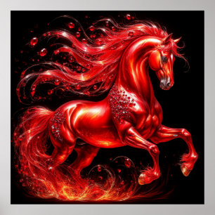 Poster Cheval mythique rouge vibrant avec crinière de feu