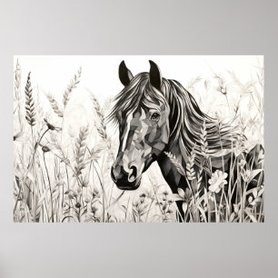 Poster Cheval Nature Paisible Prairie Croquis Style de de