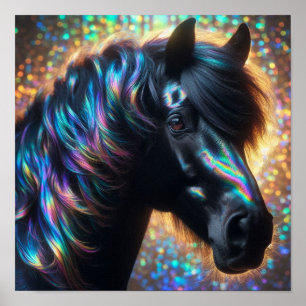 Poster Cheval noir avec crinière iridescente