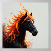 Cheval noir avec crinière orange enflammée fluide