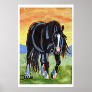 Poster Cheval noir dans le coucher du soleil