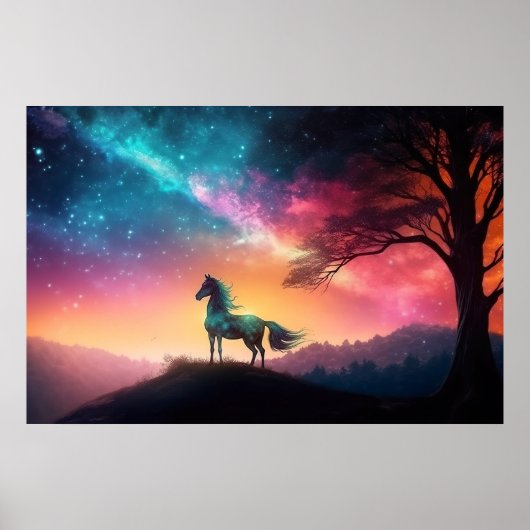 Poster Cheval noir dans le paysage montagneux vibrant (Devant)