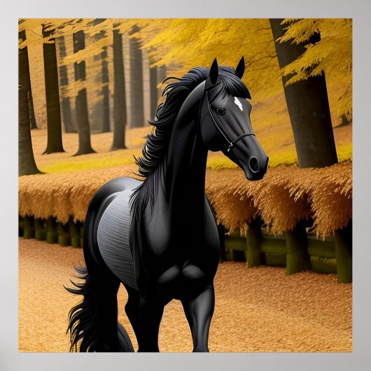 Poster Cheval noir dans un sentier forestier Pittoresque  (Devant)