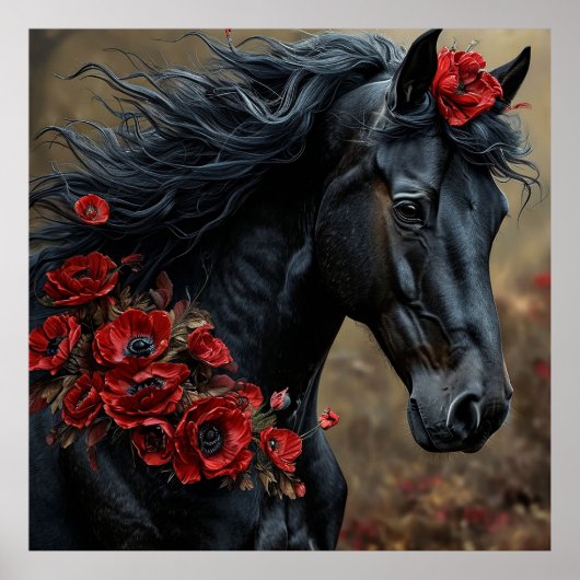 Poster Cheval noir décoré de fleurs rouges vibrantes (Devant)