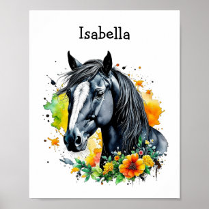 Poster Cheval noir entouré de fleurs Personnalisé