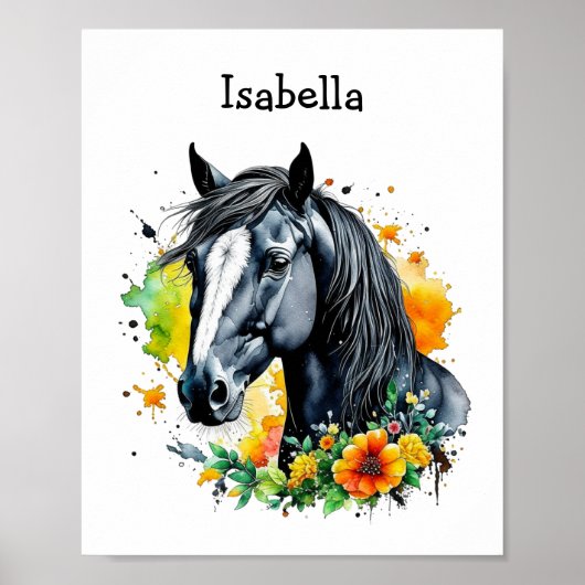 Poster Cheval noir entouré de fleurs Personnalisé (Devant)